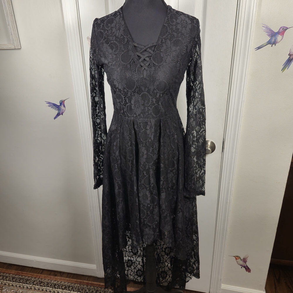 Jawbreaker Black Lace Corset High-Low Dress S – Long Sleeve Gothic Whimsigoth